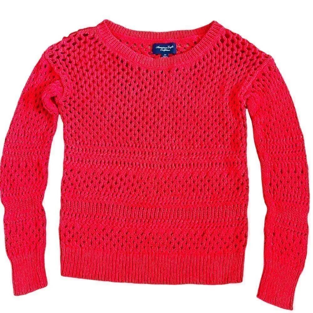 American Eagle Red/Orange Crocheted Knit Sweater SMALL